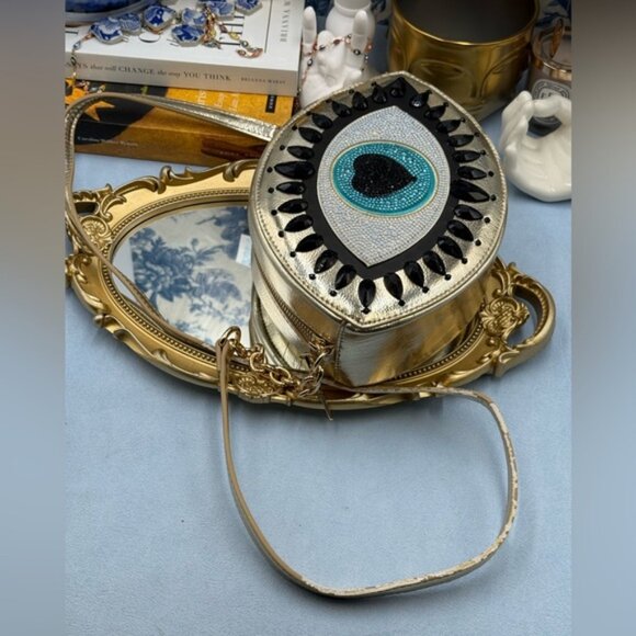 🆕 BETSEY JOHNSON 🧿 NWOT Eyes Have It, Gold Evil Eye Bead Crossbody Bag *FLAW* - Picture 16 of 16
